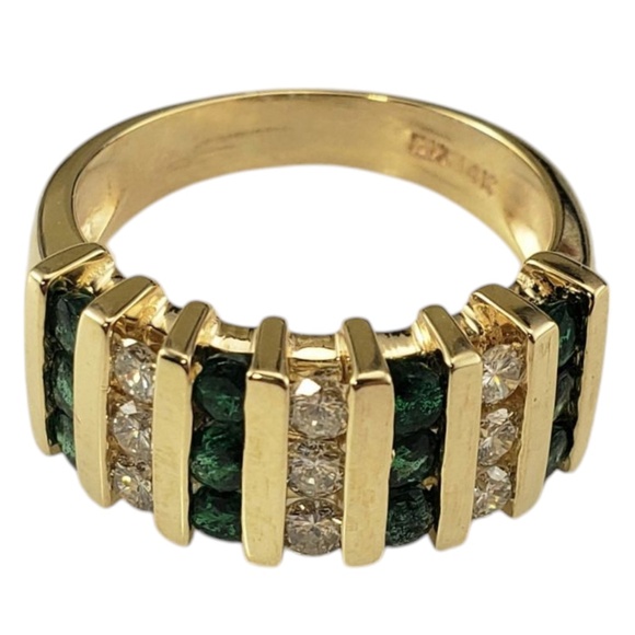 14K Yellow Gold Emerald and Diamond Band Ring Size 7.25  #21206 - Picture 2 of 9